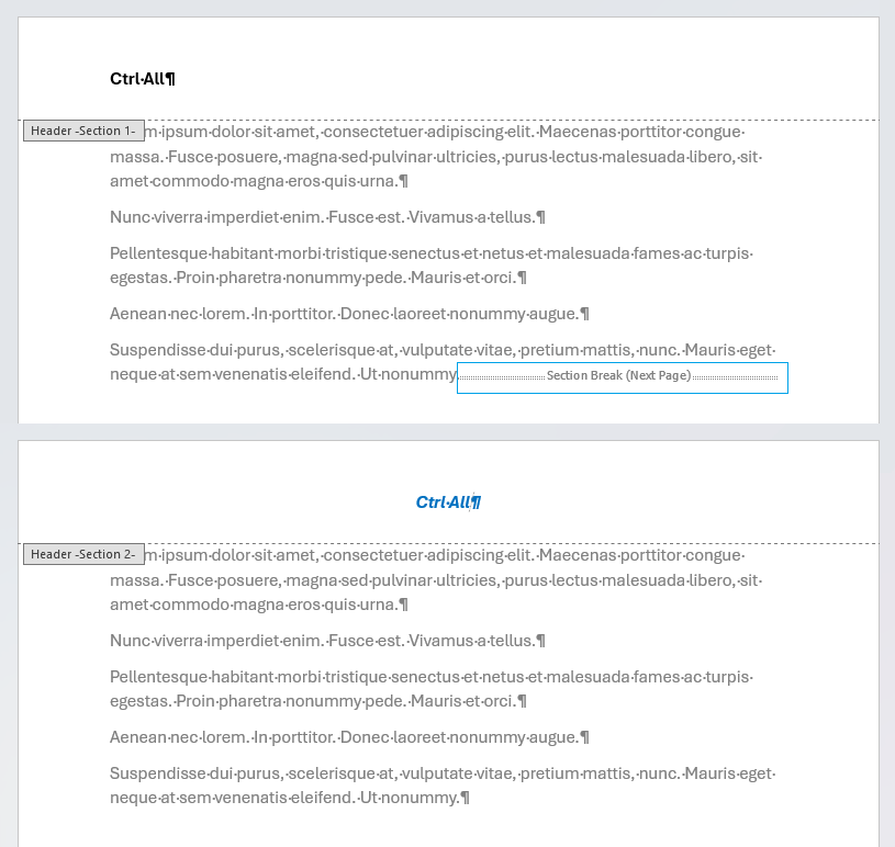 Section break headers in Word
